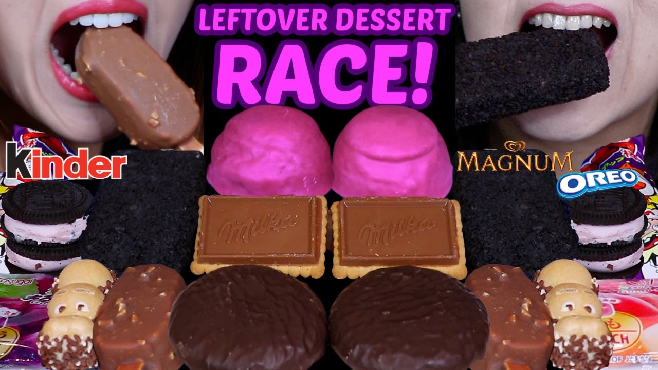 ASMR LEFTOVER DESSERT RACE! MILKA CHOCO BISCUIT, KINDER HIPPO, MINI MAGNUM ICE CREAM, GUMMY CANDY