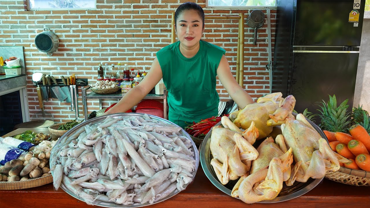 ” Squid and Chicken Recipes ” Yummy Fresh squid and Native chicken cooking – Cooking with Sreypov