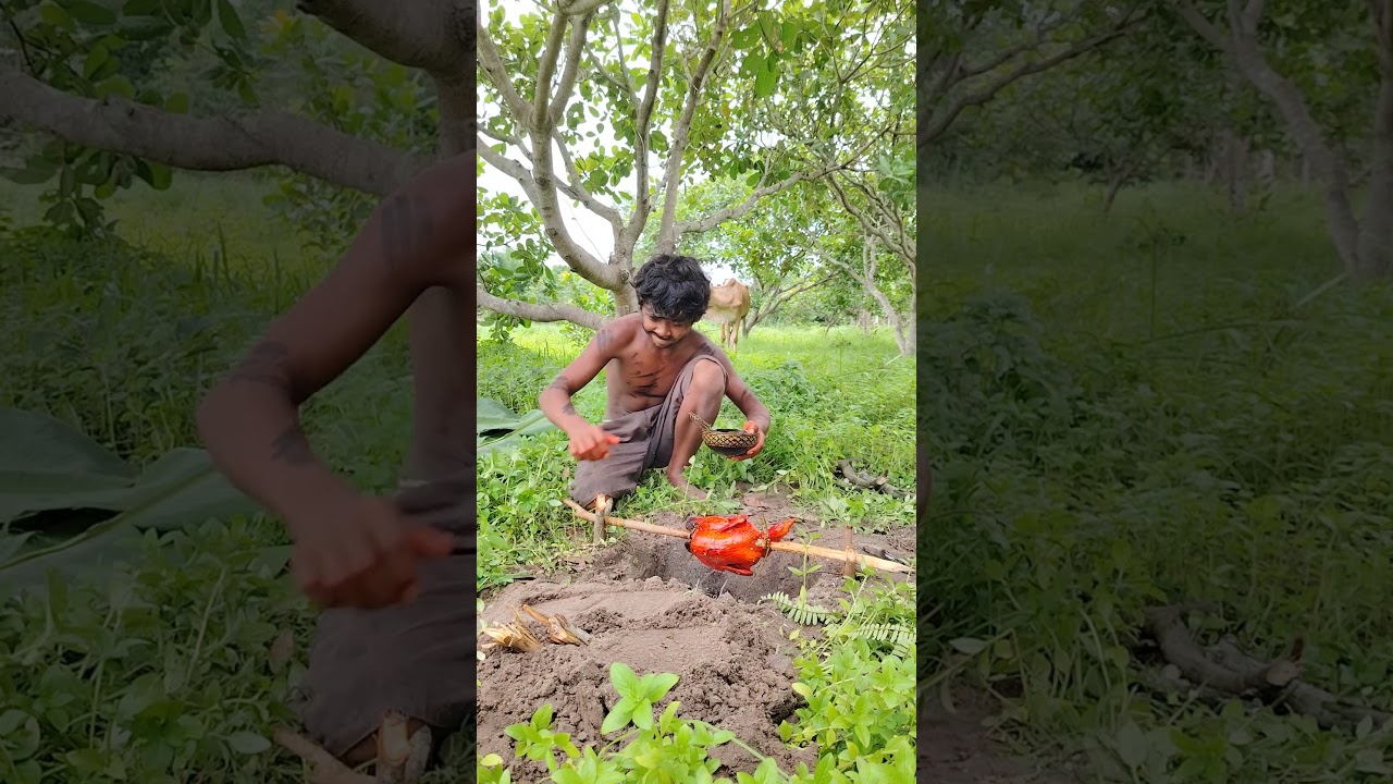 Roast chicken in forest #wildboy #food #primitiveboy #chickendishes #primitive #chickenrecipes