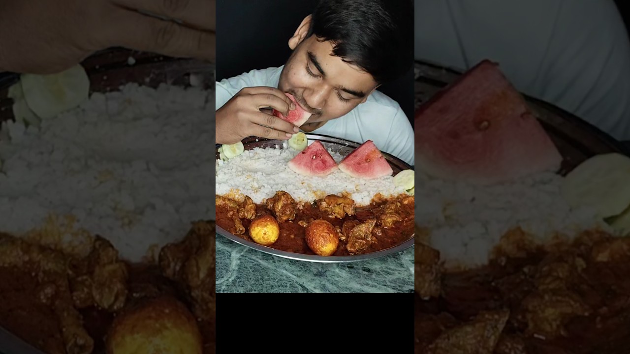 Eating Spicy Chicken Egg Curry With Rice, Watermelon #shortsfeed #food #shorts#viralshort#eating