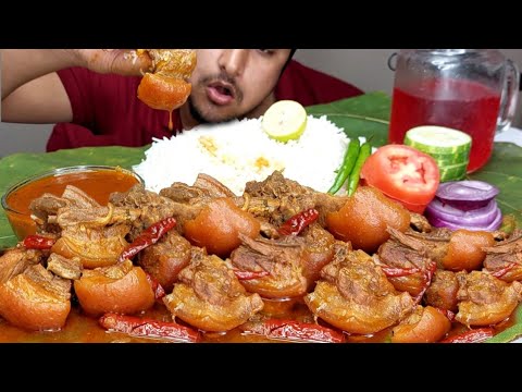 MUKBANG EATING AND RECIPE : VERY SPICY CHILLI PORK RIBS & PORK BELLY CURRY WITH RICE AND SALAD| HG