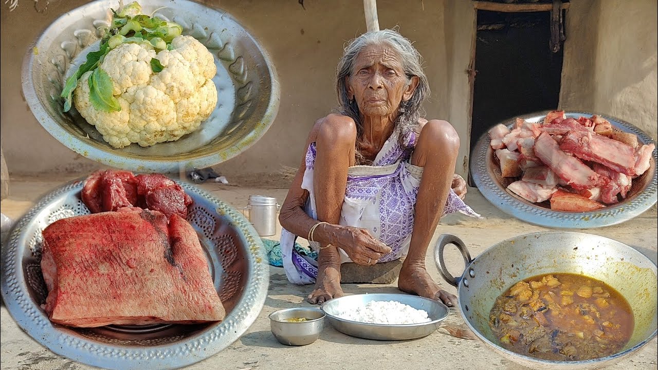 PORK CURRY with CAULIFLOWER recipe cooking & eating by tribal old window Grandma||Village kitchen