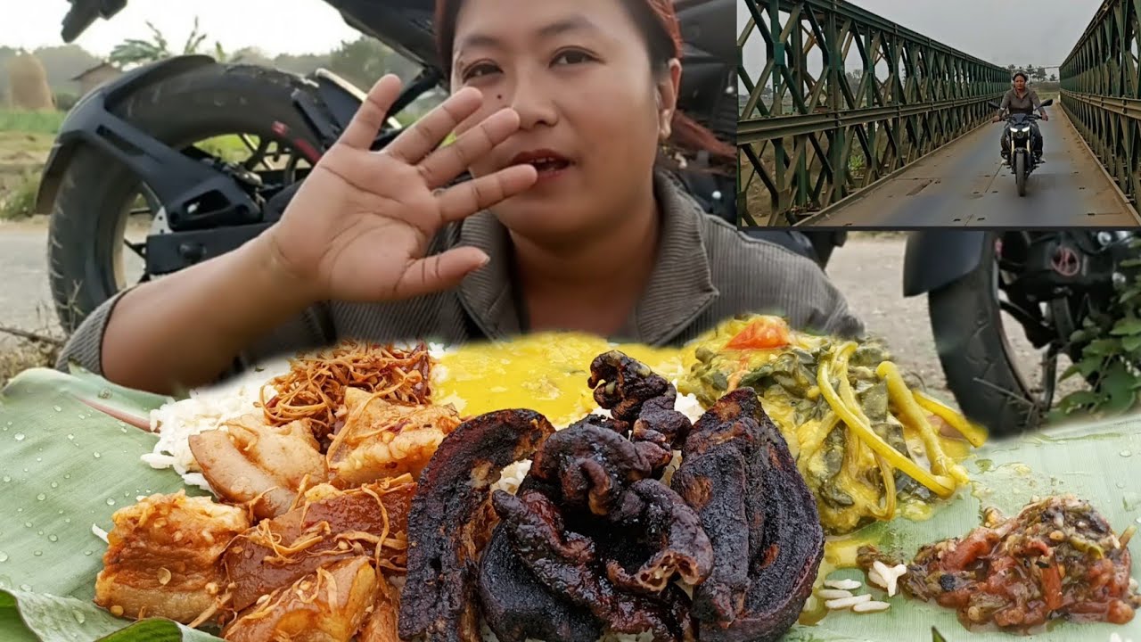 Riding bike and mukbang with two different items of pork recipe|| northeast naga mukbang