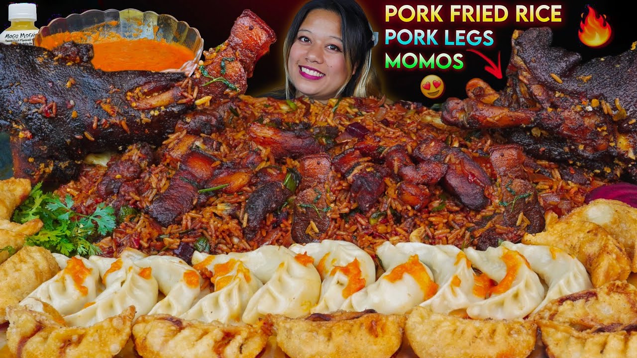 RECIPE + PORK MUKBANG || EATING SPICY PORK FRIED RICE + PORK LEG + PORK MOMOS