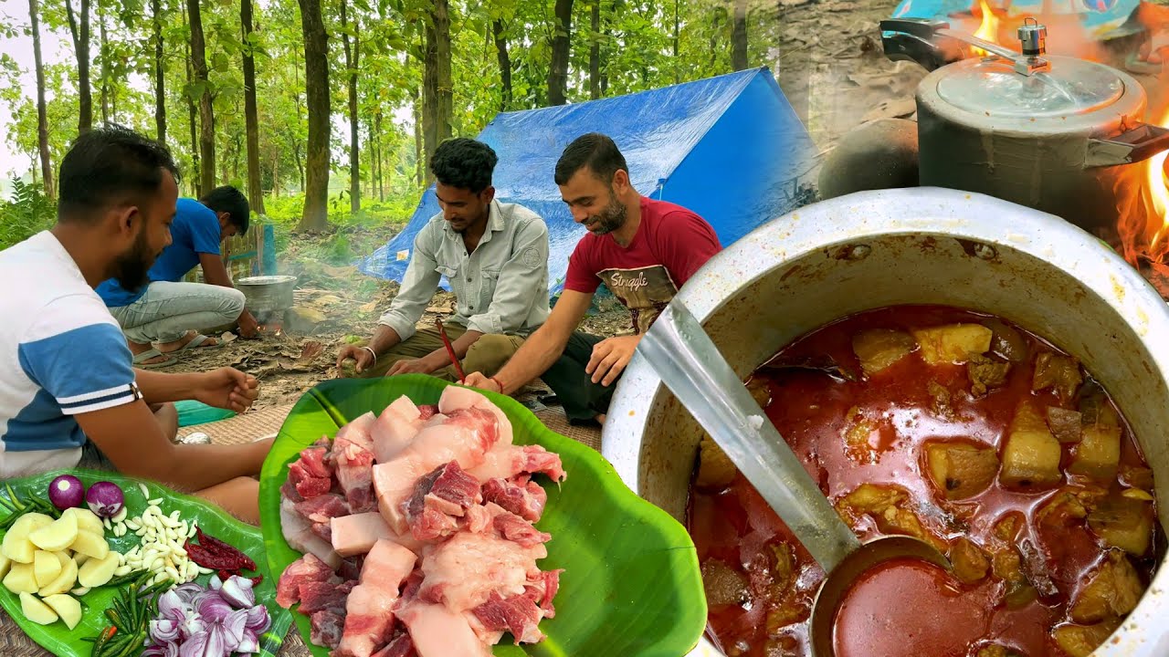 Camping Pork curry cooking r eating in forest | Pork cooking | pic recipe