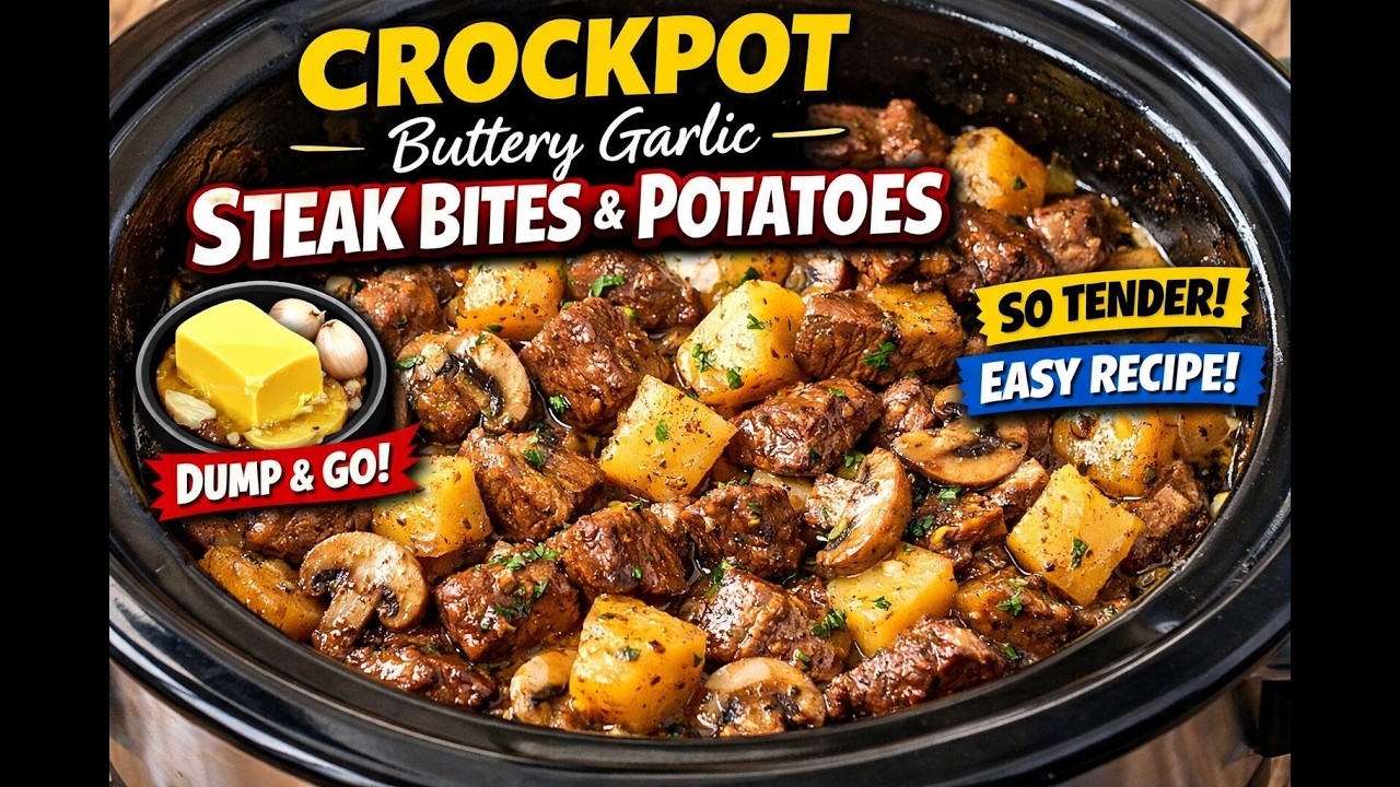 Crockpot Buttery Garlic Steak Bites & Potatoes | Dump and Go Comfort Food!
