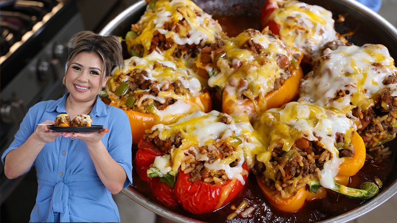 Quick & Easy ENCHILADA STYLE STUFFED PEPPERS | Ground Beef Recipe